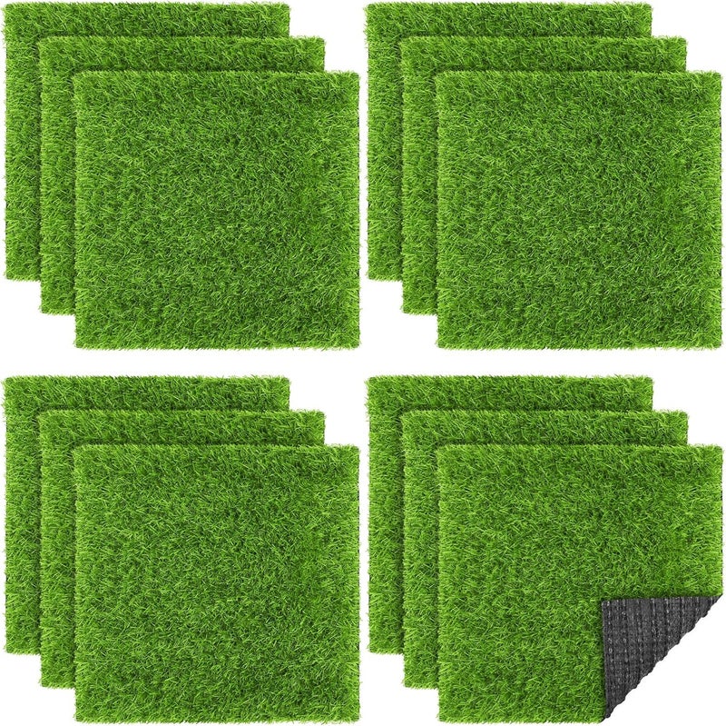 TURSTIN 12 Pieces Artificial Grass Mat Square 12 x 12 Inch Fake Turf Patch Indoor Outdoor Garden Lawn Patio Balcony Synthetic Turf Mat Realistic Grass Rug for Crafts Miniature Garden DIY, Grass Green - Image 1